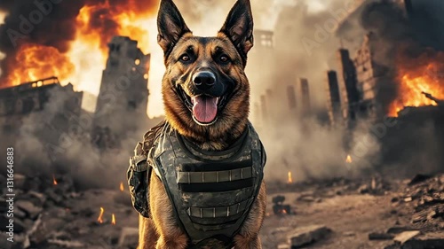 German Shepherd in Military Vest Amidst Devastation