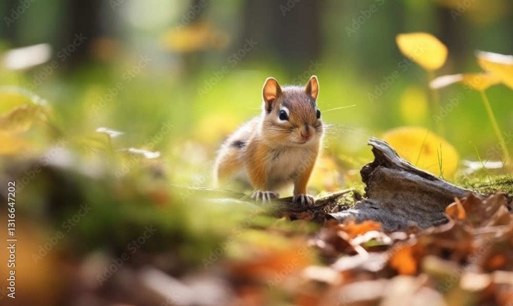 A small brown and white squirrel is standing on a leaf covered ground A small brown and white squirrel is standing on a leaf covered ground