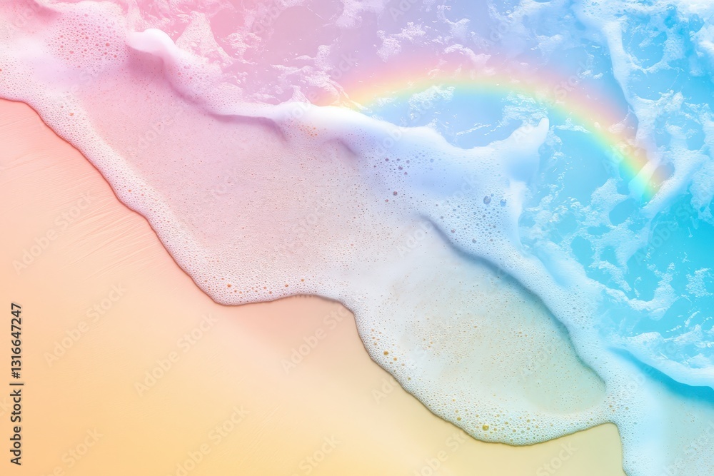 Fototapeta premium Colorful beach shoreline showing waves washing over the sand and a rainbow