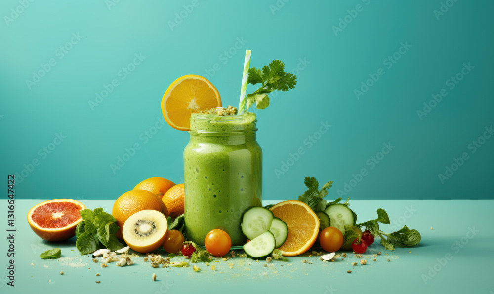 A green smoothie with a straw in it is on a table with a variety of fruits A green smoothie with a straw in it is on a table with a variety of fruits