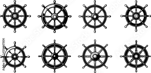 Set of ship steering wheel silhouette 