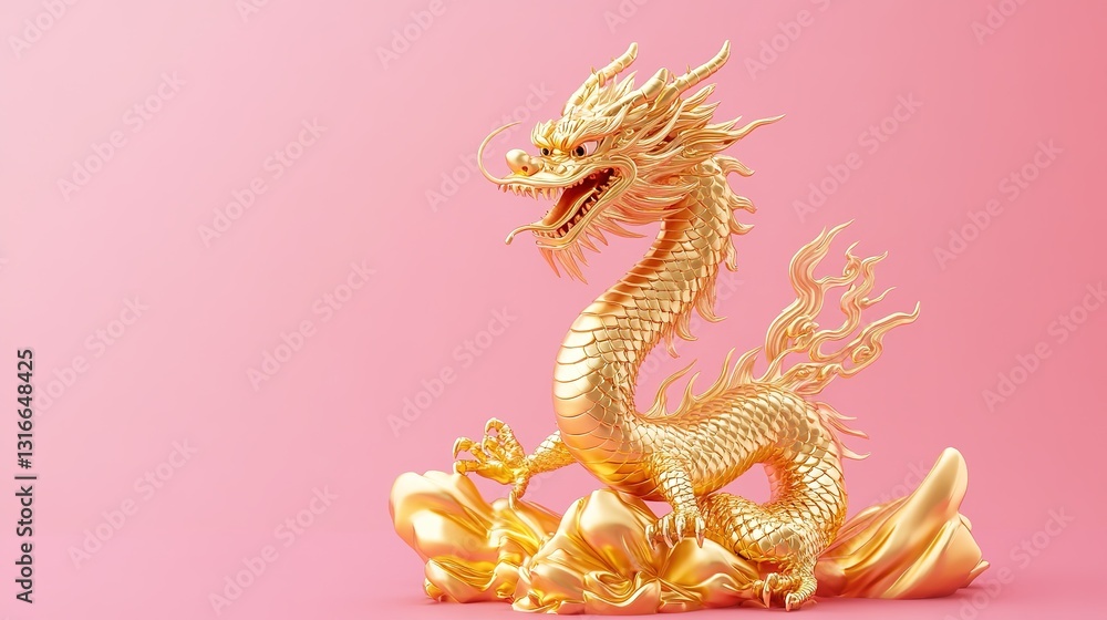 Fototapeta premium Golden Dragon Statue on Pink Background, Showcasing a Luxurious and Mythical Design. Exquisite Craftsmanship with Detailed Scales and Majestic Presence.
