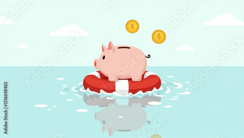 Financial Assistance and Insurance Concept with Piggy Bank on Lifebuoy Illustration