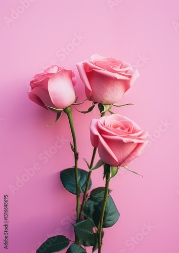 Three pink roses are arranged in a vase on a pink background