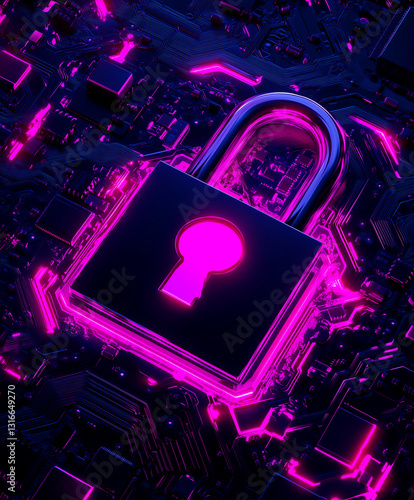 Cybersecurity lock on circuit board, Futuristic security illustration. Pink neon padlock with tech background, data protection concept