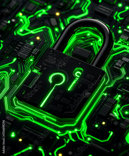 Cybersecurity lock on circuit board, Futuristic security illustration. Green neon padlock with tech background, data protection concept
