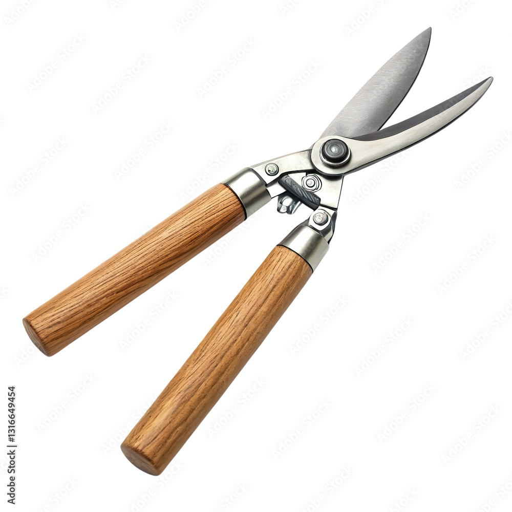 Scissors for pruning the hedge in stainless steel with a wooden grip isolated on a transparent background Scissors for pruning the hedge in stainless steel with a wooden grip isolated on a transparent background
