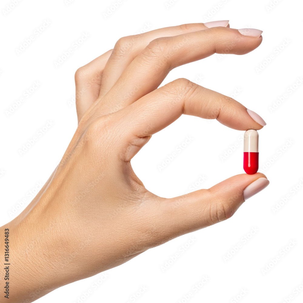Female hand forming a circle with a capsule isolated on a transparent background Female hand forming a circle with a capsule isolated on a transparent background