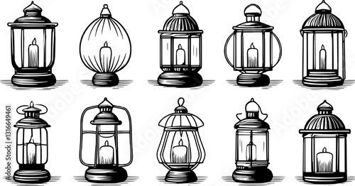 Black ramadan lanterns. Fanous line lantern, arabic lamps silhouettes vintage egyptian moroccan dubai eastern lamp for islamic mosque or arabian lighting, neat vector illustration