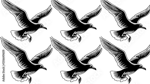 Seagulls in flight, black and white illustration, dynamic poses, spread wings, multiple angles, detailed feathers, ink drawing style, motion study, bird silhouettes, minimalist background, 