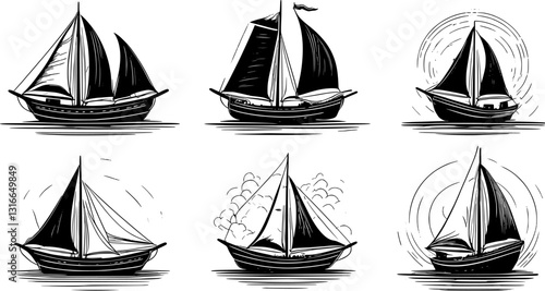 Vintage sailing ships, black and white sketches, silhouettes, nautical illustrations, multiple ship designs, clipper ships, schooners, sloops, maritime art, simplified boat outlines, historical vessel