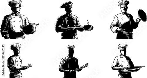 vintage illustrations, chefs, cooks, restaurant staff, black and white sketches, culinary professionals, diverse poses, kitchen uniforms, chef hats, serving gestures, hospitality industry, retro style