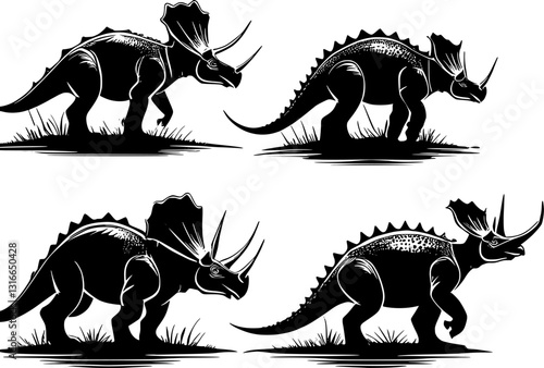 Prehistoric dinosaur, triceratops silhouette, black and white graphic, stylized illustration, side view, detailed crest, sharp horns, strong posture, minimalist design, contrasting shapes,bold outline