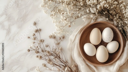 White eggs are gracefully arranged in a wooden bowl, surrounded by soft dried flowers against a smooth marble background, creating a serene and tranquil atmosphere