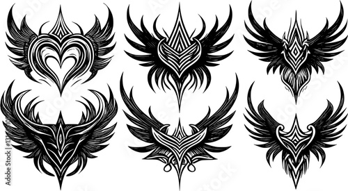 set of neo tribal sigilisms with a sharp, stiff touch. Symmetrical shape Cyber ​​Gothic Element vector design pattern in abstract black color