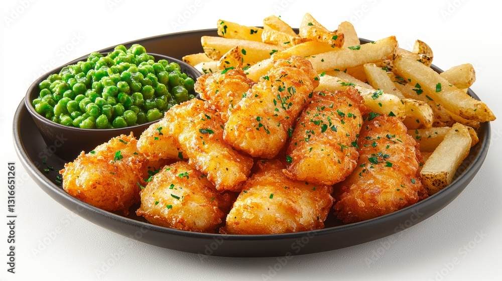 Indulge in a delectable feast of crispy breaded fish, perfectly complemented by golden fries and a side of vibrant green peas This classic combination offers a symphony of flavors and textures Indulge in a delectable feast of crispy breaded fish, perfectly complemented by golden fries and a side of vibrant green peas This classic combination offers a symphony of flavors and textures
