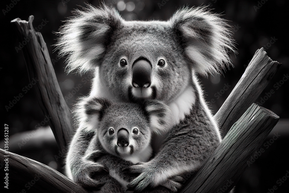 Obraz premium Black and white photo of a koala with her baby