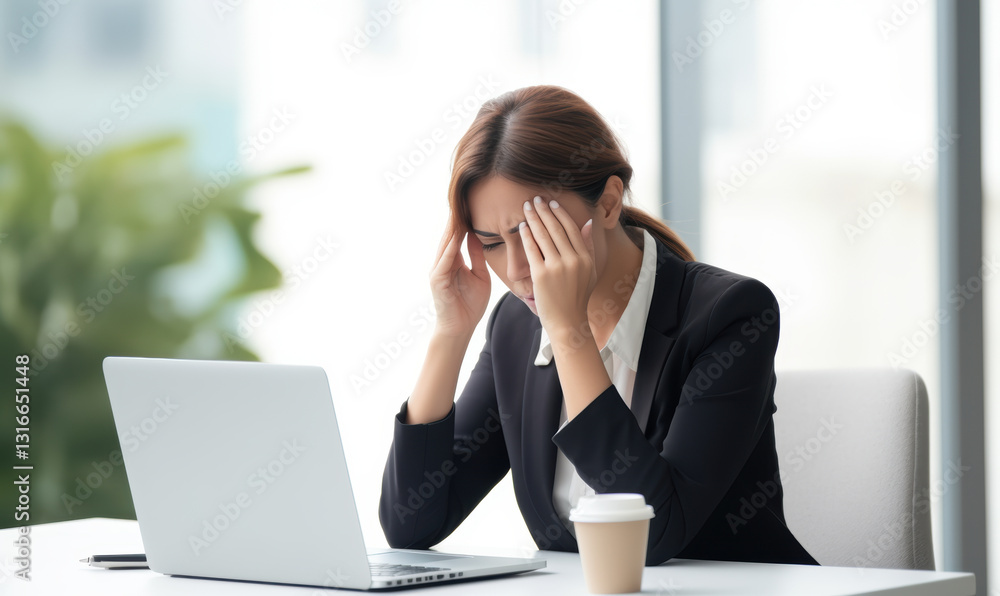 A woman is sitting at a desk with a laptop and a cup of coffee A woman is sitting at a desk with a laptop and a cup of coffee