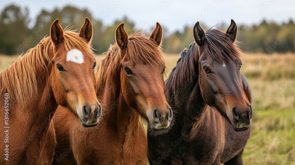 Intense gaze meets yours in this captivating portrait of a chestnut horse adorned with a striking white patch atop its brow. Its elegant neck bends gently as it turns rightward, inviting mystery and a Intense gaze meets yours in this captivating portrait of a chestnut horse adorned with a striking white patch atop its brow. Its elegant neck bends gently as it turns rightward, inviting mystery and a