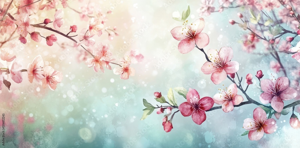 Delicate pink blossoms on branches appear against a watercolor backdrop Delicate pink blossoms on branches appear against a watercolor backdrop