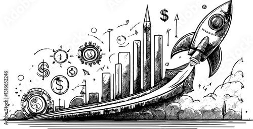 Hand-drawn business doodles in green, featuring money, growth, target, and income symbols. Perfect for finance, investment, and strategy concepts