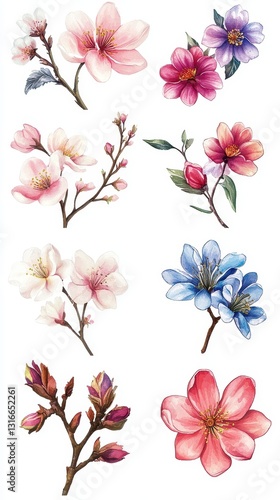 Wallpaper Mural Watercolor Illustrations Depicting Various Colorful Flowering Branches Torontodigital.ca