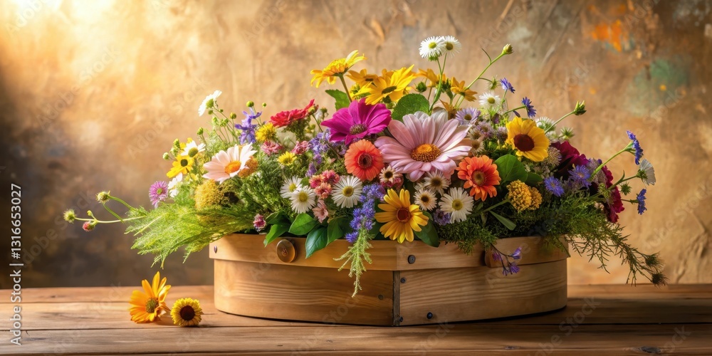 A vibrant arrangement of wildflowers in a rustic wooden container, bathed in warm sunlight, sits on a weathered wooden surface. A vibrant arrangement of wildflowers in a rustic wooden container, bathed in warm sunlight, sits on a weathered wooden surface.