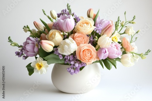 Wallpaper Mural A pastel-colored bouquet of tulips, roses, daffodils, and freesia in a white vase. Torontodigital.ca