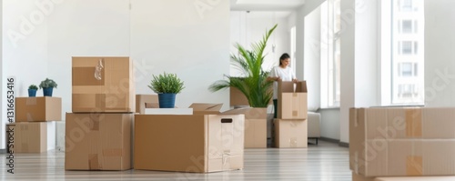 A bright indoor space with cardboard boxes and plants, ideal for moving or decluttering concepts. Organized and spacious environment.