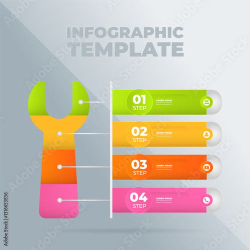 Colorful wrench infographic template; four steps; grey background; process guide