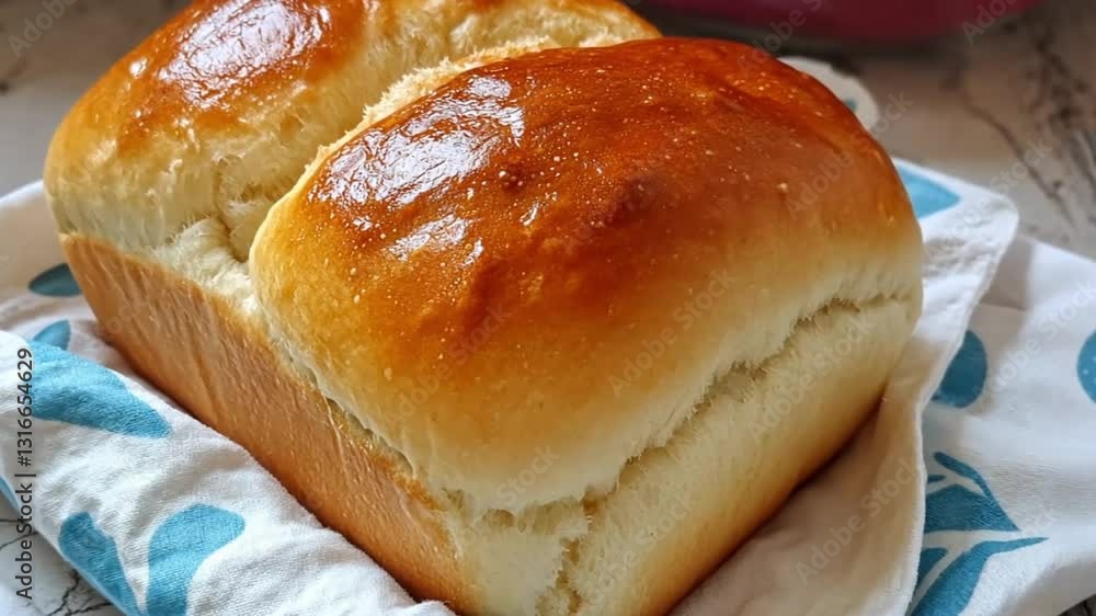 Freshly baked brioche loaf on a kitchen towel Freshly baked brioche loaf on a kitchen towel