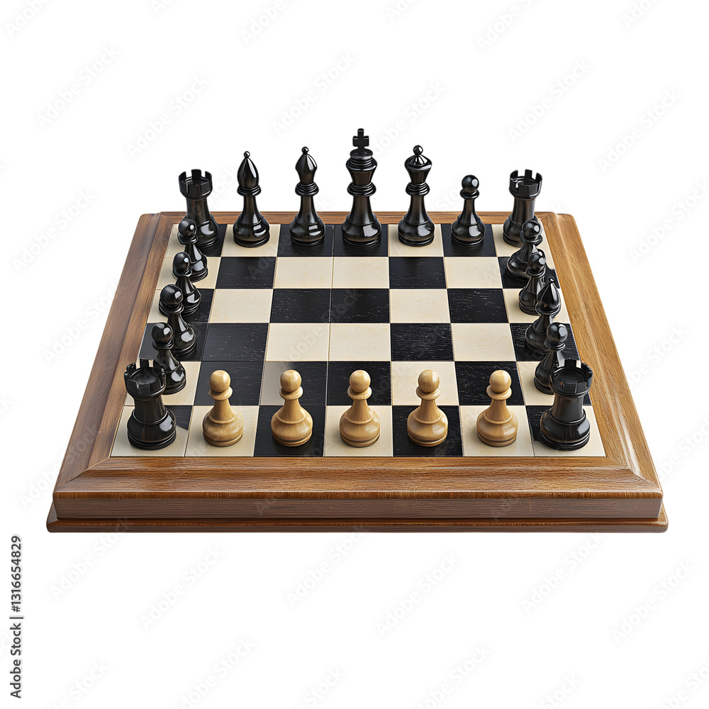 A premium wooden chessboard with black and white chess pieces arranged for play