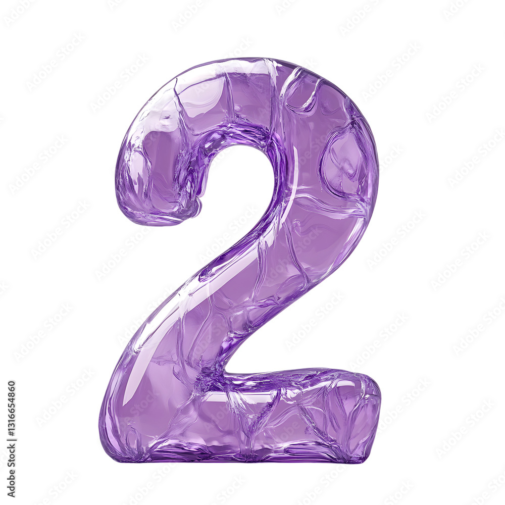 A realistic 3D rendering of the number 2, featuring a glossy and transparent glass texture with a soft purple tone A realistic 3D rendering of the number 2, featuring a glossy and transparent glass texture with a soft purple tone