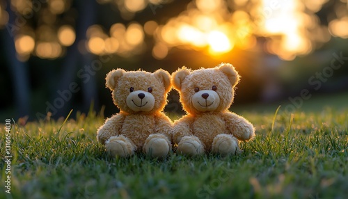 Two teddy bears sitting together in grass at sunset.