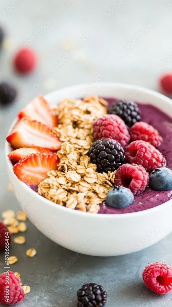 Acai smoothie bowl with granola, fresh strawberries, raspberries, blackberries, and blueberries in a white bowl on a rustic grey background Acai smoothie bowl with granola, fresh strawberries, raspberries, blackberries, and blueberries in a white bowl on a rustic grey background