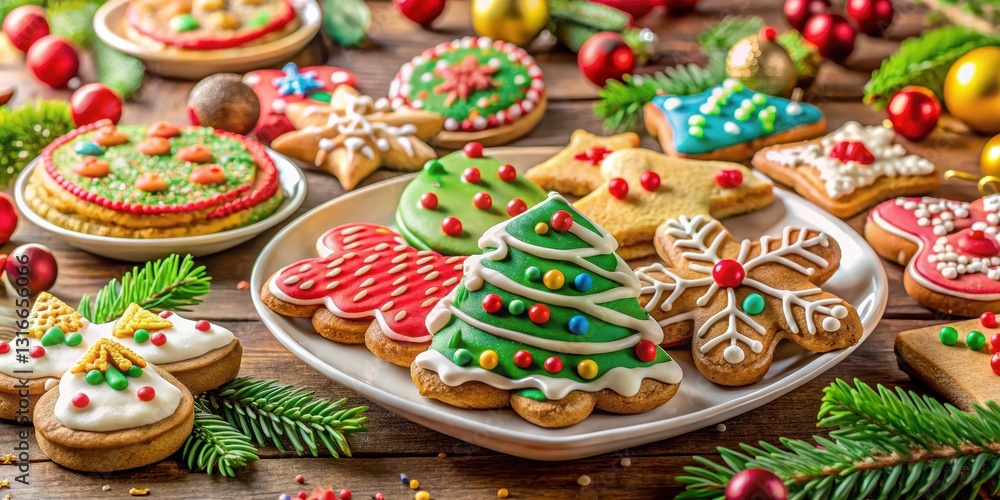 Colorful cookies and icing on festive table, sweets, ornaments, sweets, ornaments, holiday, holiday, festive, decorating Colorful cookies and icing on festive table, sweets, ornaments, sweets, ornaments, holiday, holiday, festive, decorating