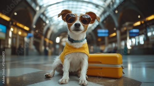 Stylish dog sits next to luggage at train station looking directly at the camera