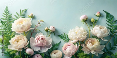 Delicate Pastel Peonies and Lush Greenery Arranged on a Serene Aqua Background