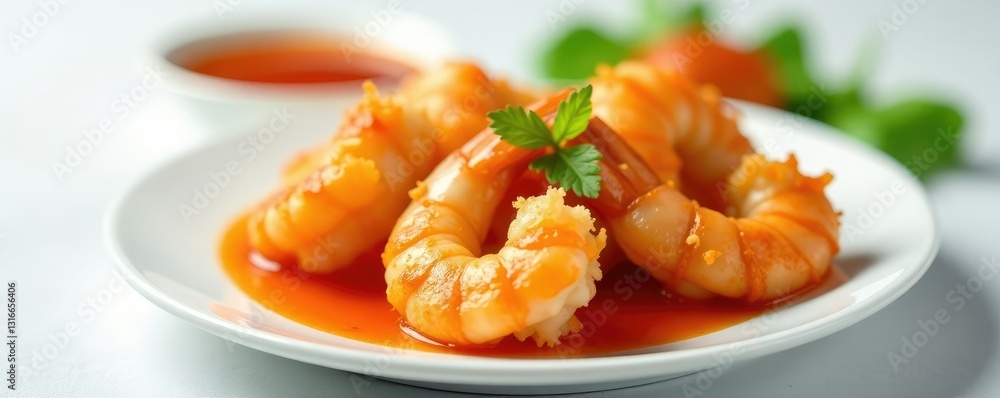 Coconut shrimp on a plate with sweet chili sauce in the background, plate, white, space Coconut shrimp on a plate with sweet chili sauce in the background, plate, white, space