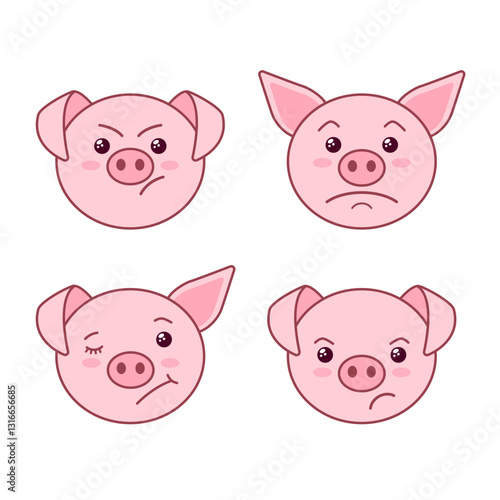 Set of cute pig heads with dissatisfied angry emotions. Flat design, cartoon style, Pink pig faces. Vector illustration isolated on white background