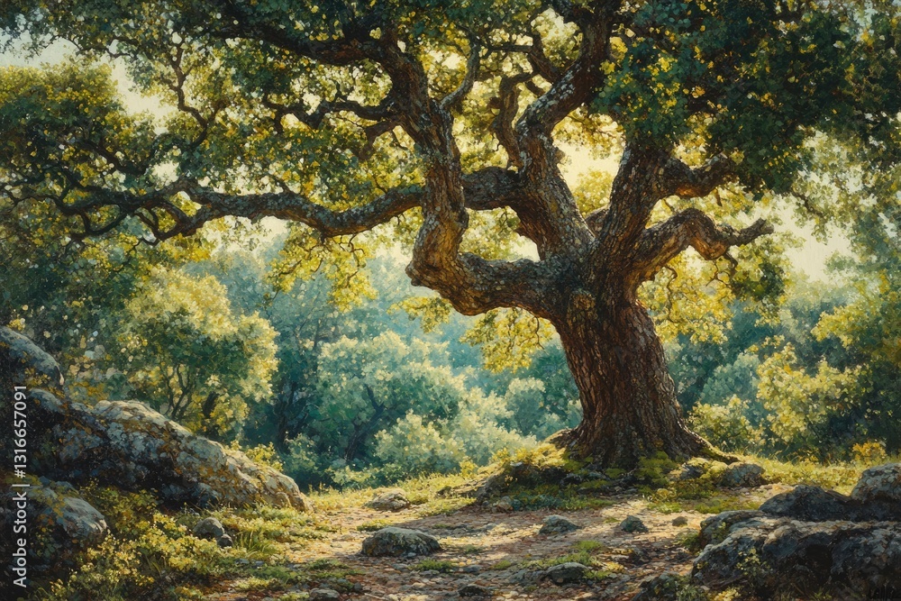 A majestic ancient oak tree stands tall in a sun-drenched forest, its branches reaching towards the sky. A majestic ancient oak tree stands tall in a sun-drenched forest, its branches reaching towards the sky.