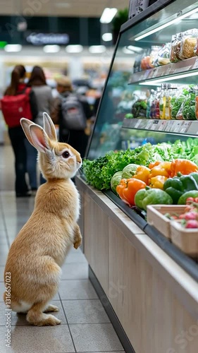 A curious rabbit gazes at fresh vegetables in a vibrant grocery store, surrounded by shoppers
