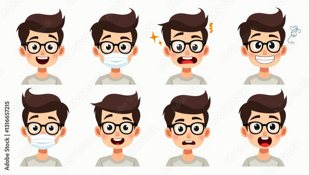 Young Man in Glasses Expressing Various Emotions with Mask Young Man in Glasses Expressing Various Emotions with Mask