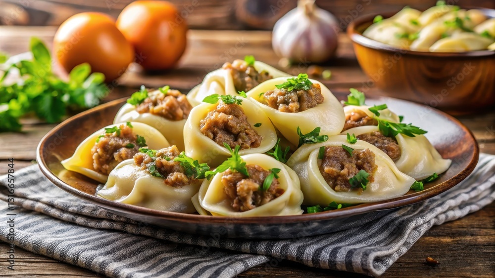 Traditional German savory dumplings filled with ground meat and served on a plate with saut?ed onions Traditional German savory dumplings filled with ground meat and served on a plate with saut?ed onions