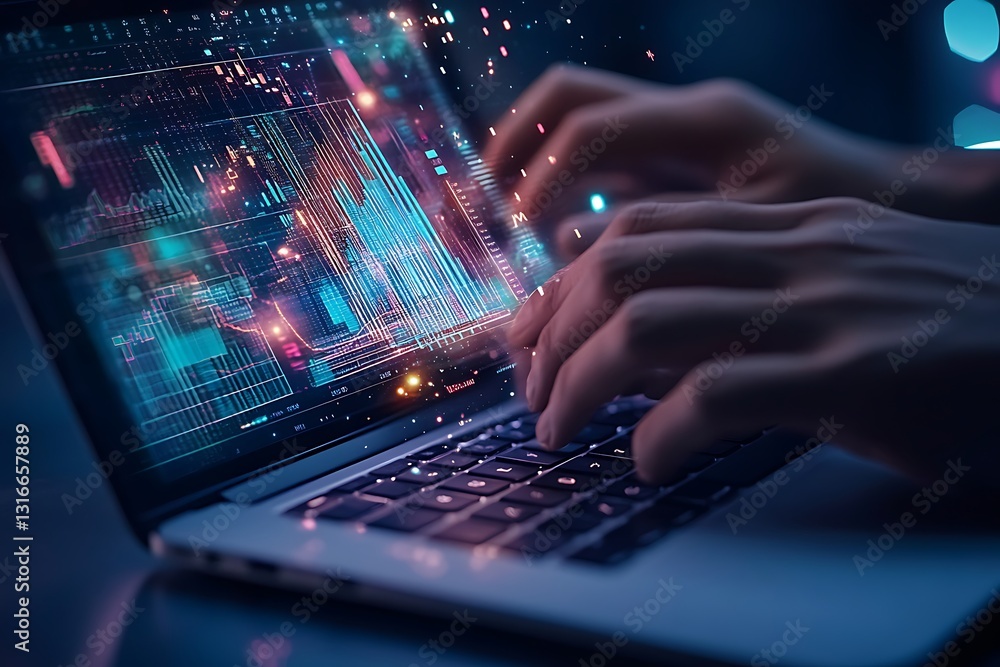 A close-up of hands typing on a laptop with holographic graphs and digital analytics. A close-up of hands typing on a laptop with holographic graphs and digital analytics.