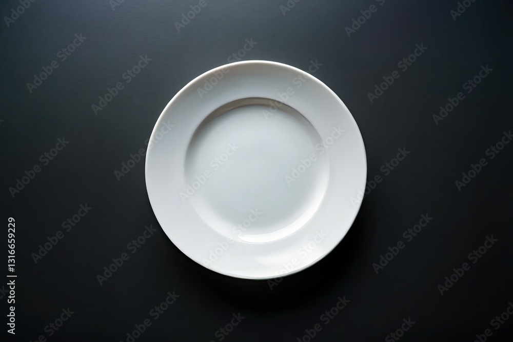 Clean, empty white ceramic plate, isolated on black. Overhead studio shot; minimalist food photography prop. Clean, empty white ceramic plate, isolated on black. Overhead studio shot; minimalist food photography prop.