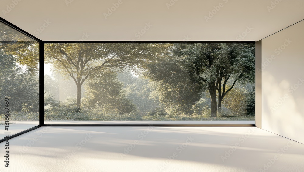 Fototapeta premium Modern empty room with large window showcasing sunlit forest view.