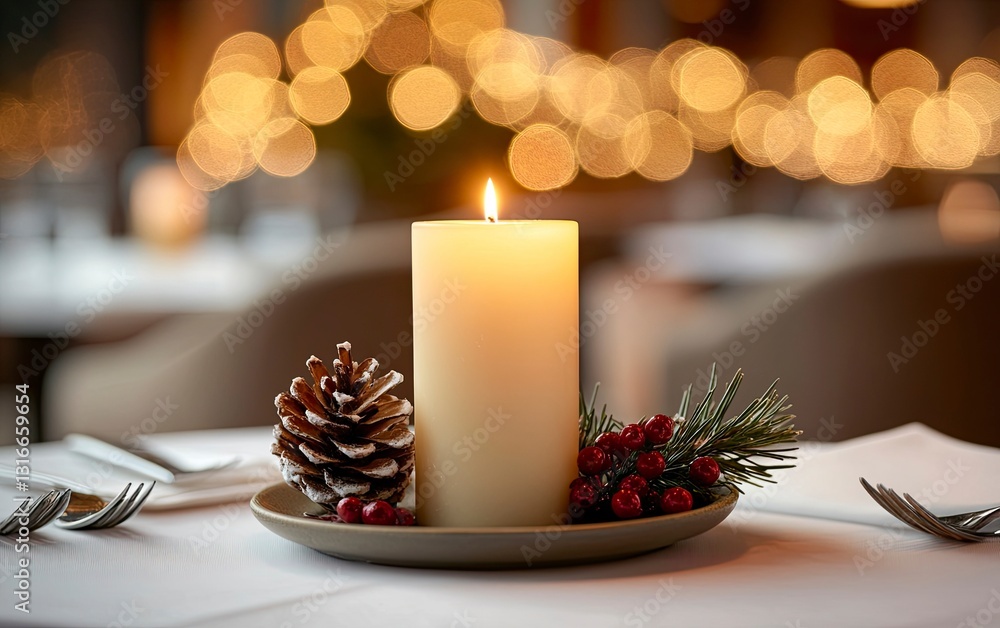 A candle on the table of an elegant restaurant, decorated for Christmas with warm lights in the background. A single lit candle sits atop a small plate, surrounded by cutlery. A candle on the table of an elegant restaurant, decorated for Christmas with warm lights in the background. A single lit candle sits atop a small plate, surrounded by cutlery.