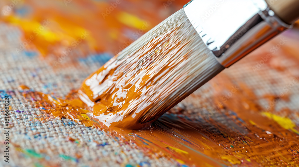 Fototapeta premium Close-Up of a Paintbrush Coated in Vibrant Colors Creating Expressive Strokes on Canvas