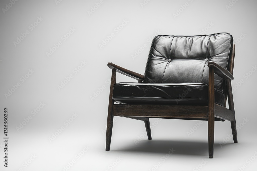 Fototapeta premium A mid-century modern armchair with tufted black leather upholstery and dark wooden legs.